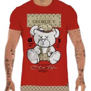 Avenue George V Paris Short Set Men's Red 2 piece set Teddy Bear Rhinestone 3XL